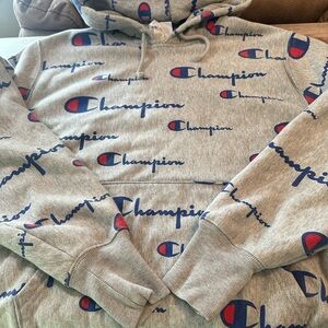 Champion Heather Gray and Blue Logo Men's Hoodie